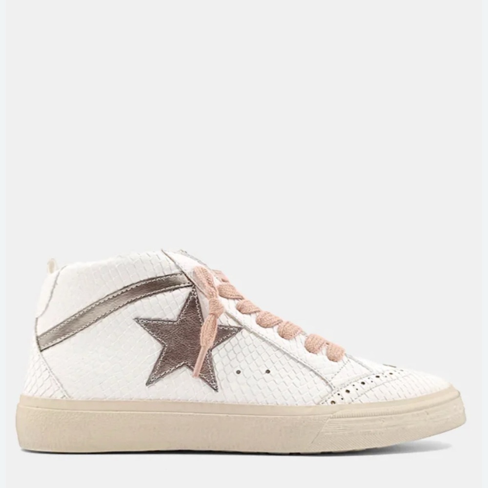 Shushop Paulina Bone Snake Hi Top Sneaker silver star Sz 8 pink laces